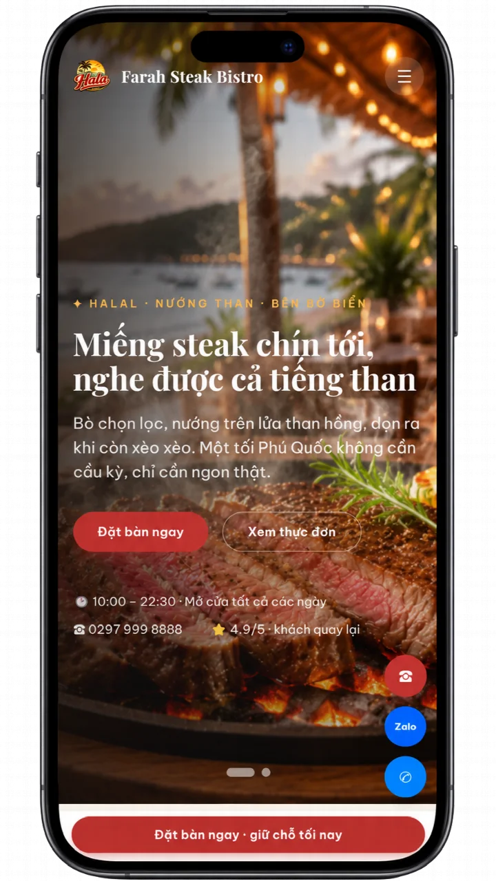 Mẫu Landing Page Nhà hàng hiển thị trên điện thoại