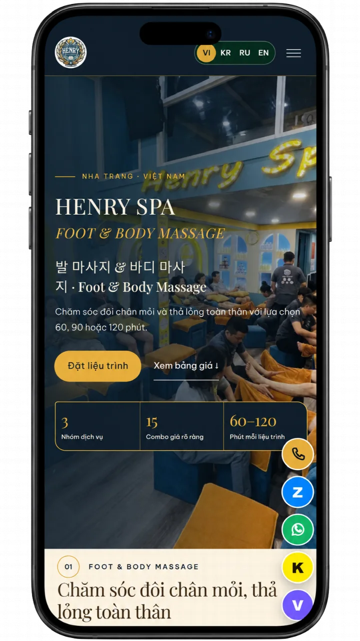 Mẫu Landing Page Henry Spa hiển thị trên điện thoại